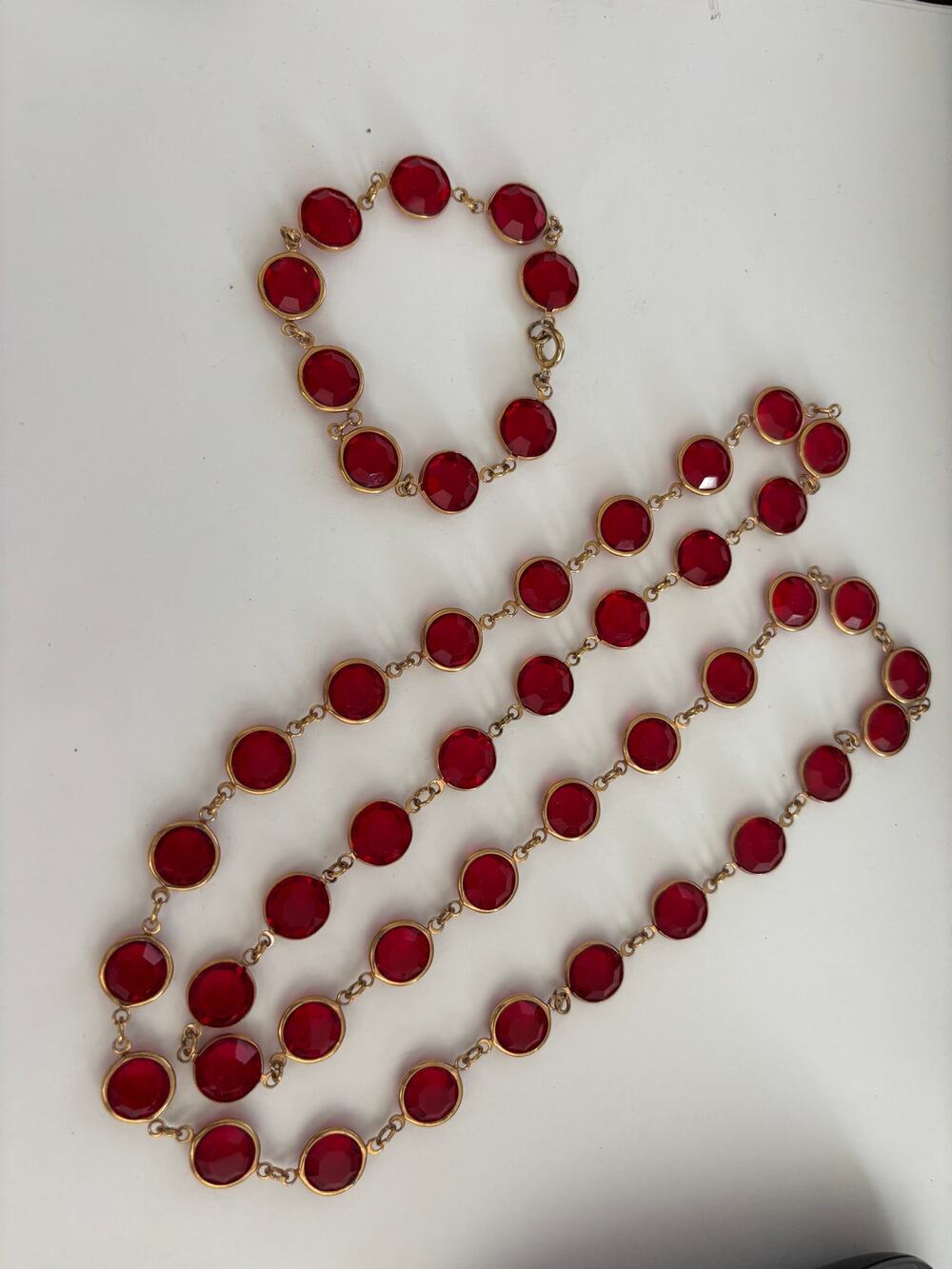 Vintage Faceted Red Glass Bezel Set Crystals Necklace + Bracelet